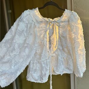 Free People White Textured Blouse with Tie Back